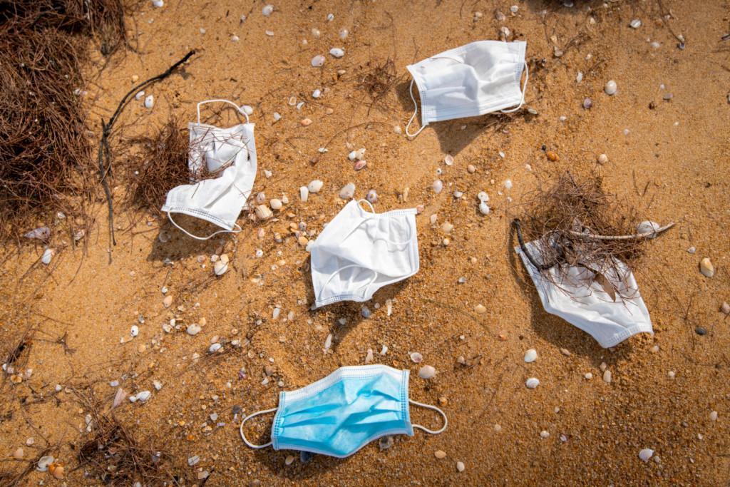 Medical waste on the beach,covid 19