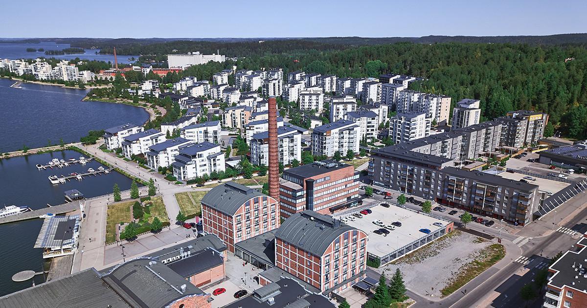 Aerial view of Sibelius Hall in Lahti, Finland. On the background new district. The old factory was rebuilt into housing.